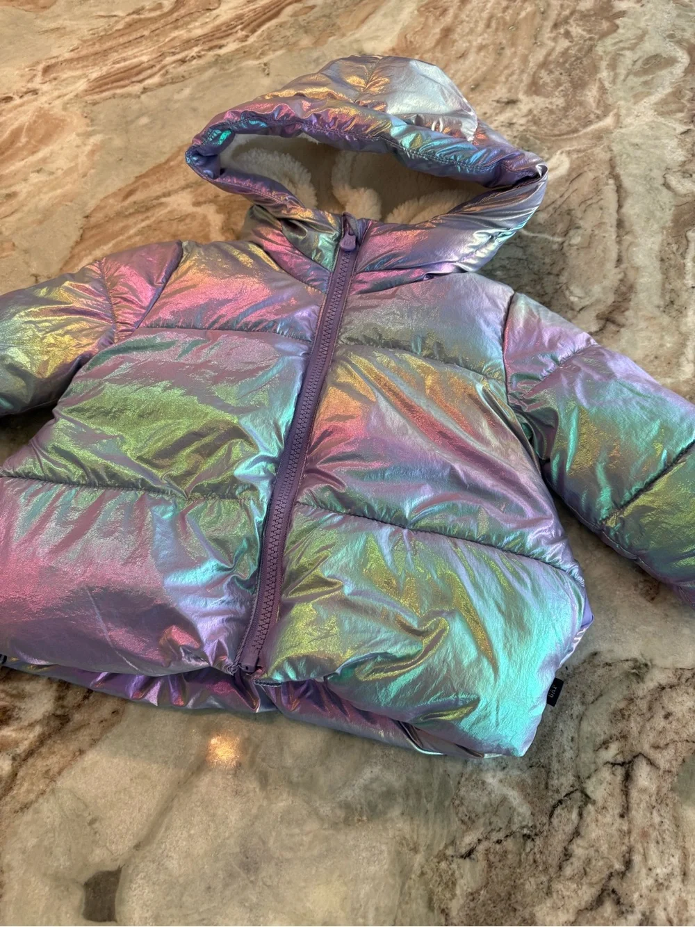 Gap Baby Iridescent Puffer Jacket Sherpa Lined Cold Control Purple Hoodie 12-18M